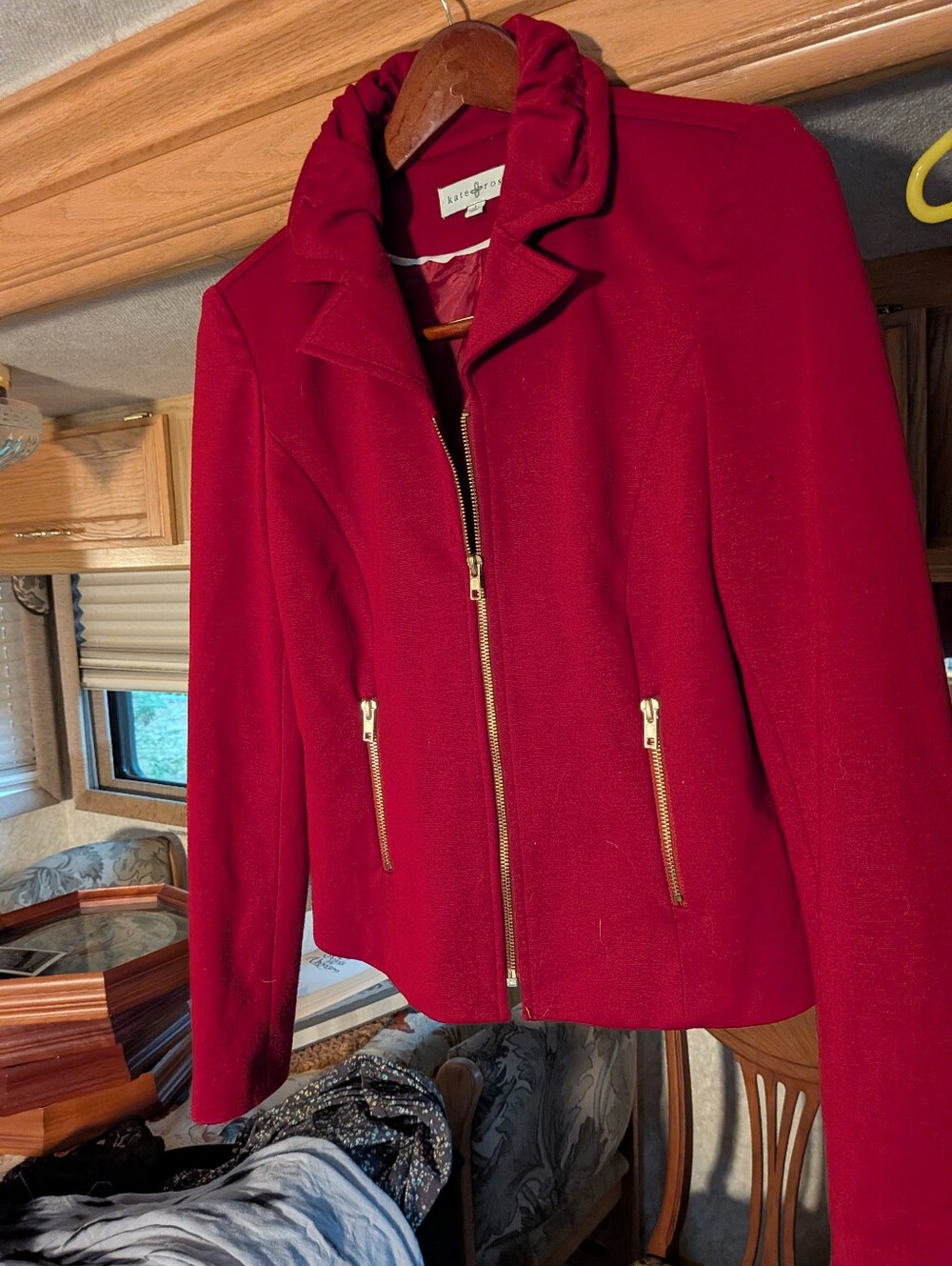Kate Rosy Red Zip-Front Blazer with Gold Hardware